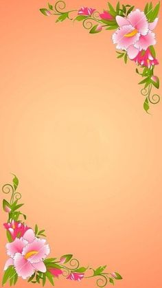 an orange background with pink flowers and green leaves in the corner, on top of it