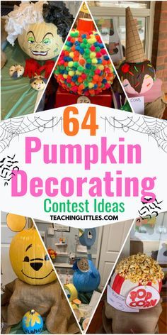 the cover of 64 pumpkin decorating contest with images of stuffed animals and other items