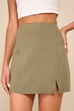 A perfect day calls for a flawless 'fit and the Lulus Effortless Outlook Olive Green Linen Mini Skirt is here to answer! Stay on-trend in this woven, linen-blend skirt that has a high-waisted fit with seaming for a tailored effect. The figure-skimming silhouette falls to a notched mini hem for a flirty finish. Hidden side zipper/clasp. Fit: This garment fits true to size. Length: Mid-thigh. Size medium measures 16" from waist to hem. Waist: Fitted - very fitted at natural waist. Hip: Loosely Fit Casual Summer Skort With Pencil Skirt Shape, Casual Summer Pencil Skirt Skort, Casual Pencil Skirt Skort For Summer, Chic Mini Pencil Skirt For Summer, Summer Chic Mini Pencil Skirt, Chic Linen Mini Bottoms, High Waist Relaxed Pencil Skirt For Summer, Fitted Linen Mini Skort, Fitted Linen Pencil Skirt