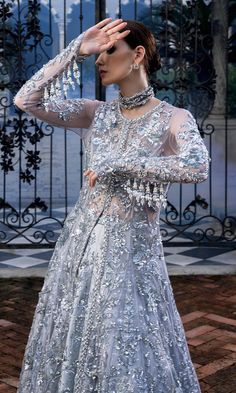 Elegant Silver Dress With Resham Embroidery, Elegant Wedding Gown With Resham Embroidery, Elegant Gown With Dupatta For Ceremony, Elegant Ceremony Gown With Dupatta, Elegant Semi-stitched Silver Dress, Silver Floor-length Dresses With Resham Embroidery, Elegant Gown With Sheer Dupatta For Ceremony, Hand Embellished Organza Gown For Ceremony, Silver Dress With Resham Embroidery