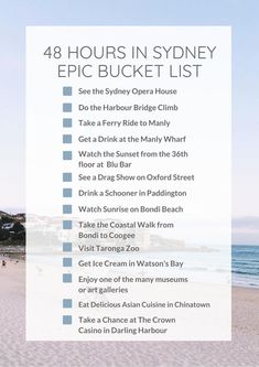 a sign that says 4 hours in sydney epic bucket list on the sand at manly beach