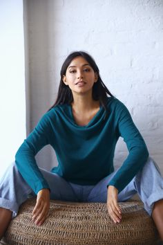 Beautiful classic drape neck sweater in organic cotton Retreat Outfits, Teal Outfits, Transitional Fashion, Teal Sweater, Sweater Vests, Eco Friendly Clothing, Beautiful Style, Made Clothing, Fall Collection