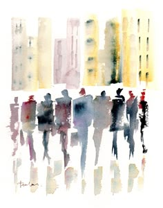 watercolor painting of people walking in the city with tall buildings and skyscrapers behind them