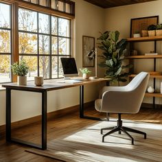 a desk with a laptop on it in front of a large window and shelves filled with plants