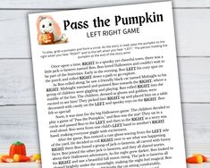 a page from the book pass the pumpkin left right game with an image of a stuffed animal