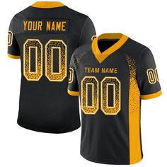 a black and yellow football jersey with the number 00 on it's chest, that says your name