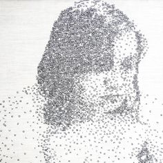 a man's face is made up of words and dots in black and white