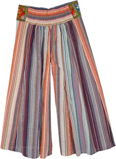 Striped Cotton Wide Leg Ankle-length Pants, Multicolor Cotton Pants For Spring, Spring Multicolor Cotton Pants, Spring Striped Cotton Wide Leg Pants, Striped Cotton Wide Leg Pants, Spring Striped Beach Pants, Striped Long Pants For Summer, Striped Summer Pants With Elastic Waistband, Striped Pants For Spring Beach Occasions