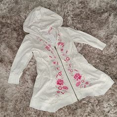 Caite Embroidered Handmaid Jacket With Hoodie Leopard Print Pink Embroidered Casual Outerwear, Casual Pink Embroidered Outerwear, Fitted Cotton Hooded Jacket For Spring, Pink Embroidered Hoodie For Fall, White Embroidered Hooded Outerwear, White Spring Hoodie Outerwear, White Hoodie Outerwear For Spring, White Hoodie For Spring, Pink Hooded Jacket For Spring