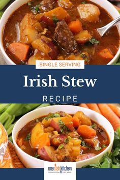 two bowls of irish stew with carrots and celery