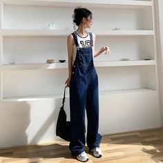 Lasaky - High-Waisted Loose Fit Wide Leg Denim Overalls Dark Denim Overalls Outfit, Dark Blue Overalls Outfit, Jeans With Suspenders For Women, Jeans Jumpsuit Outfit, Dark Blue Overalls, Jean Jumpsuit Outfit, Y2k Jumpsuit, Denim Romper Outfit, Thrifted Aesthetic