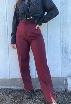 Such a beautiful color in these! Vintage 70's JC Penny Polyester Pants. Burgundy is a favorite of mine. Perfect for fall as well! No flaws found. . Measurements: Waist - 13 1/2" Rise -12" Hips - 19* Inseam - 32 1/2" Retro Wide Leg Pants For Fall, Retro Wide Leg Bottoms For Fall, Retro Wide Leg Pants For Work In Fall, Retro High-waisted Pants For Fall, Fall Retro High-waisted Pants, High Waist Burgundy Wide Leg Pants For Fall, Burgundy High Waist Wide Leg Pants For Fall, Retro Straight Leg Pants For Fall, Fall Full Length Solid Work Pants