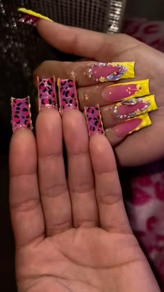 Custom Nails Design, Cheetah Print Toe Nails, Creative Acrylic Nail Designs, Plain Nail Designs, Old School Nail Designs 90s, Birthday Nail, 2000s Nail Art, Mcbling Nails Long, Trashy Nails