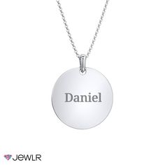 This disk necklace is a classic piece to customize for yourself, or the perfect gift for a friend or loved one. Personalize by engraving a name, significant date, or meaningful message. Create yours in sterling silver, white, or yellow gold with a choice of chain. Classic White Gold Name Necklace, Classic Everyday Customizable Necklaces, Classic Everyday Customizable Necklace, Engraved White Gold Name Necklace For Everyday, Engraved White Gold Name Necklace, Engraved White Gold Name Necklace For Everyday Wear, Classic Engraved Name Necklace For Personalized Gift, Classic Personalized White Gold Custom Necklace, Classic Necklace With Engraving Option For Everyday