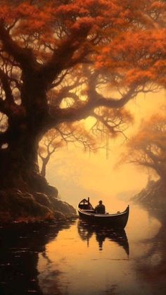 two people in a small boat on a river with trees and water behind them, as the sun goes down