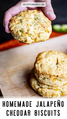 homemade jalapeno cheddar biscuits on a cutting board with the title above it