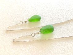 "Petite genuine sea glass dangles in bright green on 4\" sterling silver box chain threaders.  Genuine tumbled beach glass pebbles from the beaches of Northern California are wire wrapped in sterling silver on 4\" sterling silver box chain threaders. Total length is 4 1/2\". Lightweight and summery. Perfect pop of bright green!" Green Adjustable Chain Jewelry For Beach, Green Jewelry With Adjustable Chain For Beach, Paris Charm Bracelet, Jewelry Chest, Aquamarine Earrings, Green Sea, Sleeping Beauty Turquoise, Gifts For An Artist, Silver Box