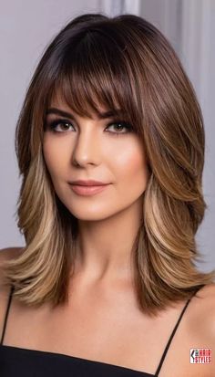 Balayage Layers with Side Bangs | 30 Low-Maintenance Medium-Length Hairstyles With BangsThis article explores 30 low-maintenance medium-length hairstyles with bangs, ranging from classic to trendy, offering versatile and stylish options for individuals seeking chic looks without the hassle of high maintenance. Medium-length hairstyles with bangs offer a perfect balance between.. Side Bangs Medium Hair Shoulder Length, Medium Layered Hair With Bangs Over 40, Very Long Bob With Bangs, Long Layers Haircut Shoulder Length, Long Bangs With Medium Hair Side Part, Side Part Feathered Hair, Women Layered Haircut Medium, Haircuts For Medium Length Hair Layered Side Bangs, Medium Length Haircut With Short Bangs