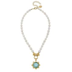 Aqua Venetian Small Glass Fleur de Lis Intaglio on Genuine Freshwater Pearl Necklace Approx 15" long Extender 3" long Hand cast with gold plate Made in Texas Coin Pearl Necklace, Glass Cross, Coin Pearls, Bangles Style, Freshwater Pearl Necklace, Beaded Cuff, Venetian Glass, 24kt Gold, Etched Glass