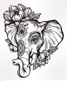 the head of an elephant with flowers on its tusks, drawn in black and white