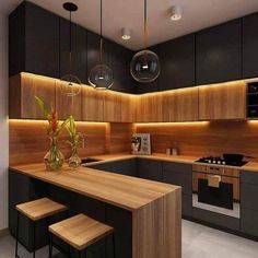 an image of a kitchen with wooden cabinets and stools in the middle of it