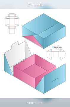 an open and closed box with the lid cut out to look like it is in different colors