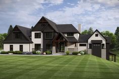 this is an artist's rendering of a house in the country style with black and white trim