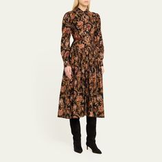 Ulla Johnson "Celia" midi dress featuring a belted waist in a floral-printed wool-blend  Approx. 50.8”L from shoulder to hem Rounded collar; button-front  Long puff sleeves with button cuffs; approx. 25.3"L A-line silhouette Hem falls below the knee Wool/viscose Dry clean Imported Formal Fall Dress With Belted Cuffs, Fall Dresses With Belted Cuffs For Work, Fall Work Dresses With Belted Cuffs, Fall Workwear Dresses With Belted Cuffs, Knee-length Belted Dress For Daywear In Fall, Fall Midi Dress With Belted Cuffs, Floral Print Midi Dress For Fall Daywear, Fall Midi Dress With Button Closure, Fall Midi-length Belted Dress