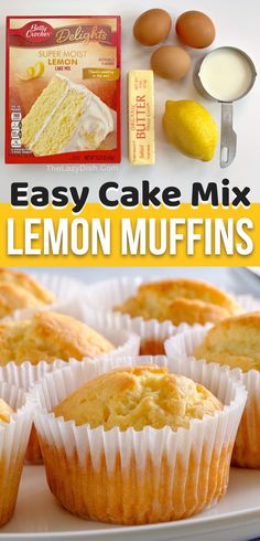 lemon muffins on a plate next to eggs and butter