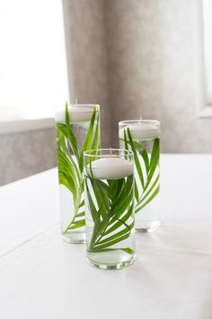 three candles sitting on top of a white table next to green plants in glass vases