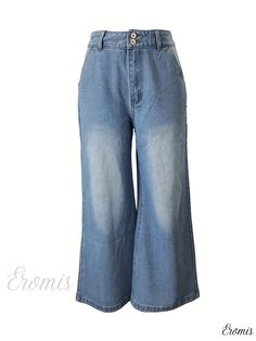 Eromis - Modern Wide Leg High-Waisted Denim Trousers in Washed Blue with Double Button Detail, Featuring Convenient Slash Pockets - Womens Casual Denim Apparel Collection Casual High Waist Cropped Jeans With Button Closure, Summer Cropped Leg Jeans With Button Closure, High Waist Washed Cropped Jeans, High Waist Cropped Jeans In Denim Blue For Summer, High-waisted Cropped Jeans For Summer, High Waist Medium Wash Cropped Jeans For Summer, High Waist Cropped Jeans In Medium Wash For Summer, Casual Cropped Jeans With Button Closure For Spring, Casual Summer Flare Jeans With Button Closure