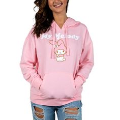 Look as cute as your favorite Sanrio character in this adorable cosplay hoodie. This awesome hoodie comes in My Melody's signature pink and showcases a vibrant graphic of her on the front. The hood has attached pink 3D replica bunny ears and a blue bow just like My Melody for extra fun! This comfy hooded sweatshirt is made of high-quality, premium polyester and cotton materials to keep you warm and cozy in cold weather, and is professionally printed to ensure long-lasting color and print quality Kawaii Hooded Sweatshirt With Cartoon Print, Cute Anime Print Hoodie For Streetwear, Kawaii Anime Print Hooded Sweatshirt, Kawaii Streetwear Hoodie, Kawaii Cotton Hoodie With Cartoon Print, Cotton Kawaii Hoodie With Cartoon Print, Cute Anime Print Winter Hoodie, Casual Pink Hoodie With Cartoon Print, Playful Pink Hoodie With Cartoon Print