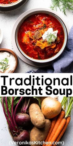 two bowls of traditional borsch soup with carrots, potatoes and other vegetables