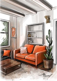 a drawing of a living room with orange couches and potted cacti