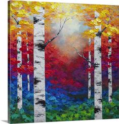 an abstract painting of trees with colorful leaves