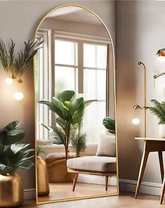 a living room with a large mirror and plants