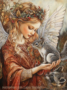 a painting of an angel holding a squirrel