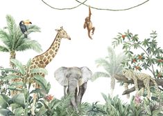 a watercolor painting of various animals in the jungle, including an elephant, giraffe and monkey