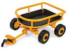 a yellow wagon with wheels and black seat