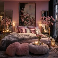 a bedroom with pink walls and flowers on the bed, candles in vases next to it