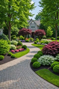 a driveway surrounded by lush green trees and bushes