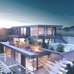 an artist's rendering of a modern house in the woods at night with pool and hot tub