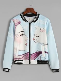 Pola Jaket, Baseball Jacket Women, Cartoon Fabric, Shein Jackets, Short Zipper, Blue Girl, Stand Collar Jackets, Retro Tops, Women Jackets