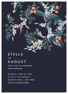 an elegant floral wedding card with the words stella and august written in white on it