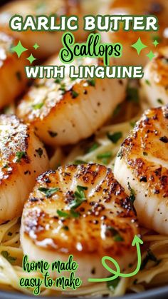 garlic butter scallops with linguine recipe in a skillet on the stove