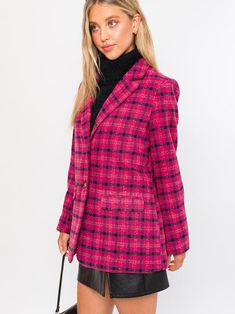 Ultimate Think Pink Plaid Blazer-Women's Clothing-Z & Joxa Co. Check Jacket, Single Button Blazer, Classic Blazer, Pink Blazer, Girls Wardrobe, Plaid Blazer, Tweed Blazer, Pink Plaid, Down Coat