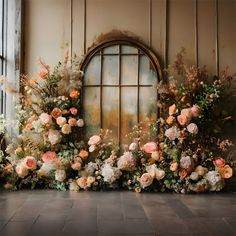 an arrangement of flowers and greenery in front of a window