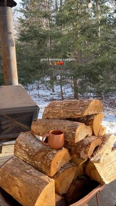 logs stacked on top of each other in front of a fire place with a cup