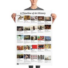 a woman holding up a poster with pictures on it that says a timeline of art history