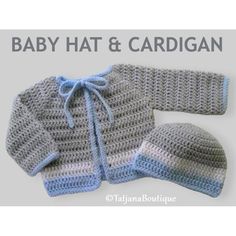 a crocheted baby sweater and hat with the words baby hat and cardigan on it